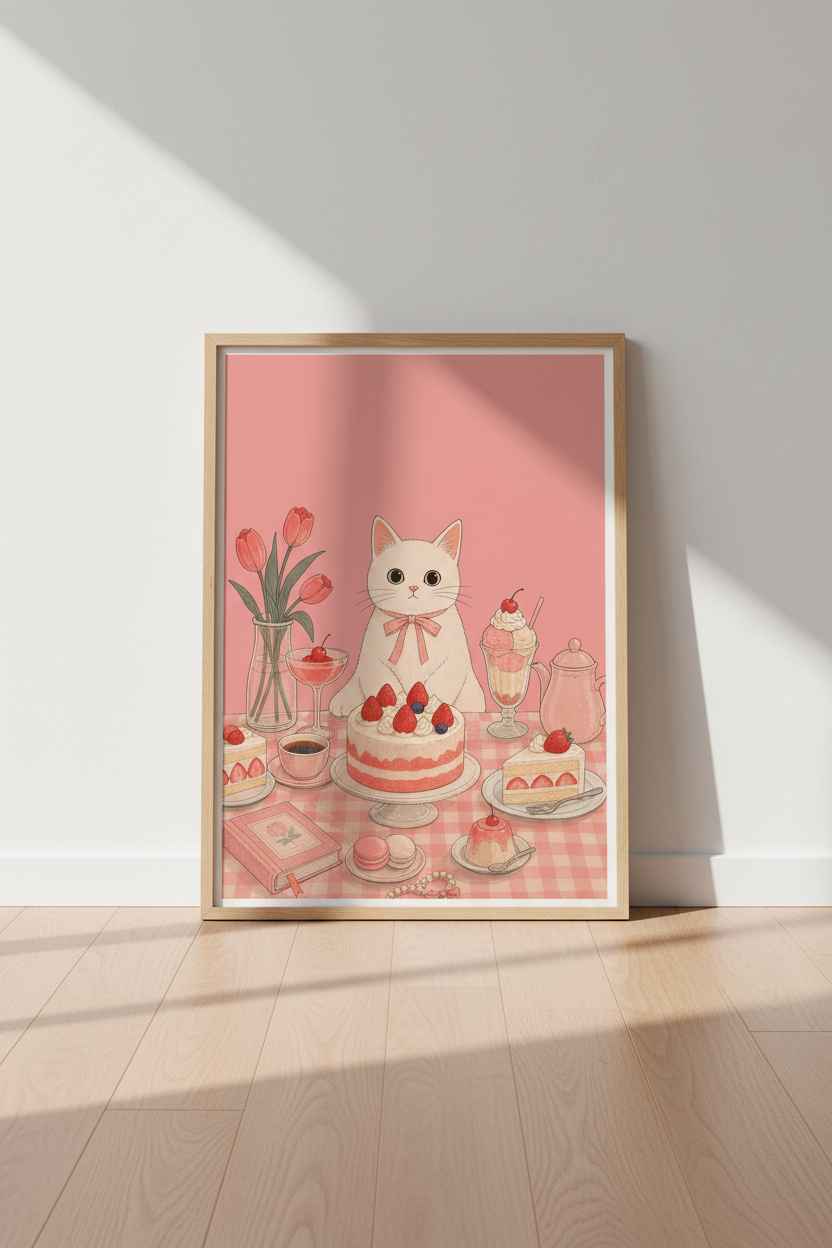 Coquette Cat Wall Art Print | Pink Aesthetic Room Decor | Cute Kawaii Cat Poster