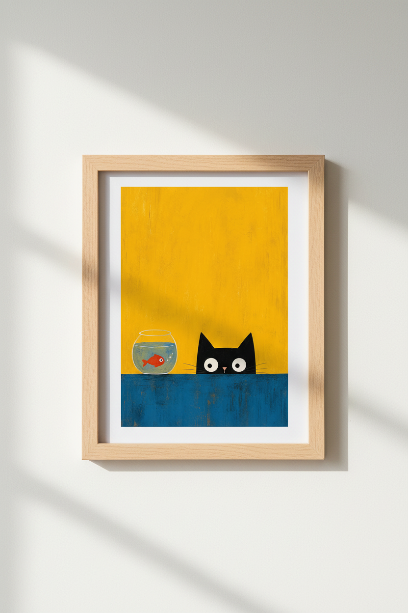 Black Cat Wall Art Print | Mid Century Modern Peeking Cat Poster, Yellow Nursery Decor