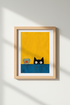 Black Cat Wall Art Print | Mid Century Modern Peeking Cat Poster, Yellow Nursery Decor