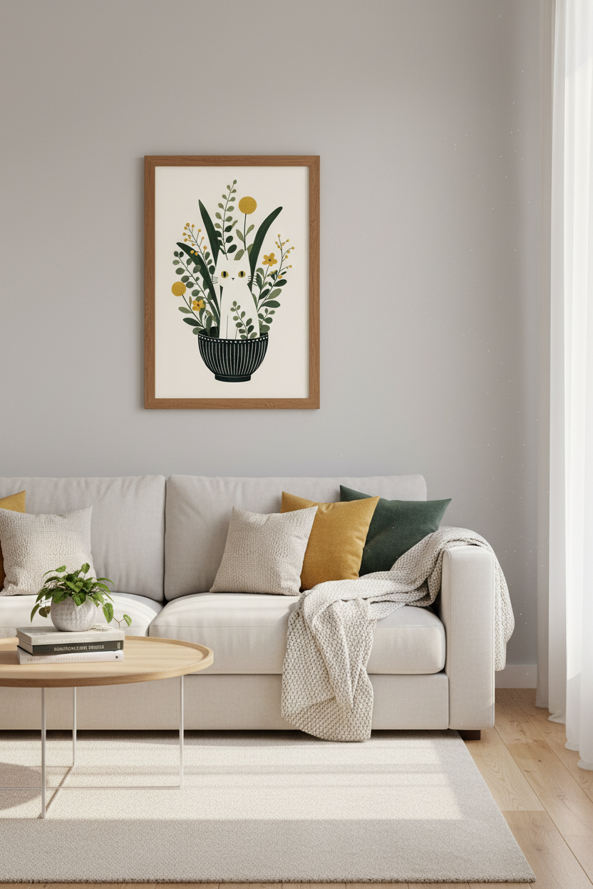White Cat in Flowers Pet Art | Botanical Folk Style, Living Room Wall Decor