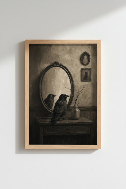 Moody Gothic Crow Art Print | Dark Academia Raven Poster, Victorian Mirror Wall Decor
