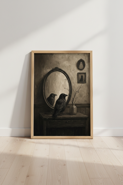 Moody Gothic Crow Art Print | Dark Academia Raven Poster, Victorian Mirror Wall Decor