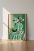 Floral Still Life Wall Art | Green & Pink Striped Poster, Modern Kitchen Decor