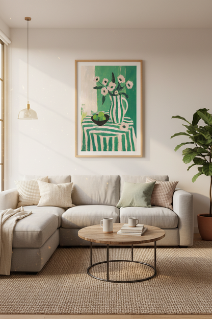 Floral Still Life Wall Art | Green &amp; Pink Striped Poster, Modern Kitchen Decor