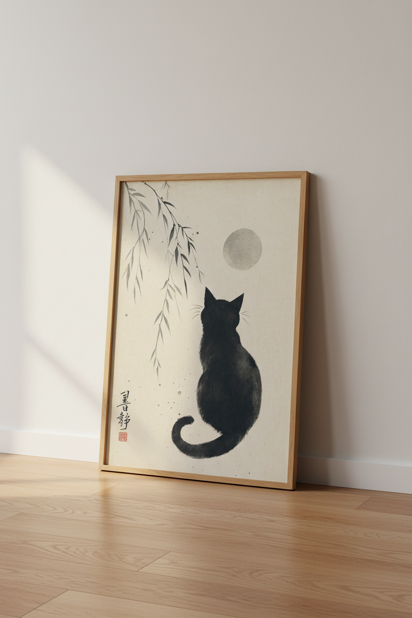 Minimalist Black Cat Sumi-e Wall Art | Zen Ink Wash Decor | Japandi Poster