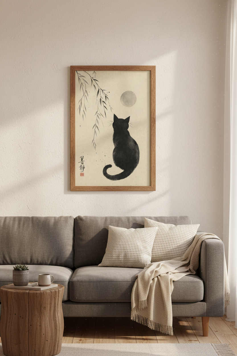 Minimalist Black Cat Sumi-e Wall Art | Zen Ink Wash Decor | Japandi Poster