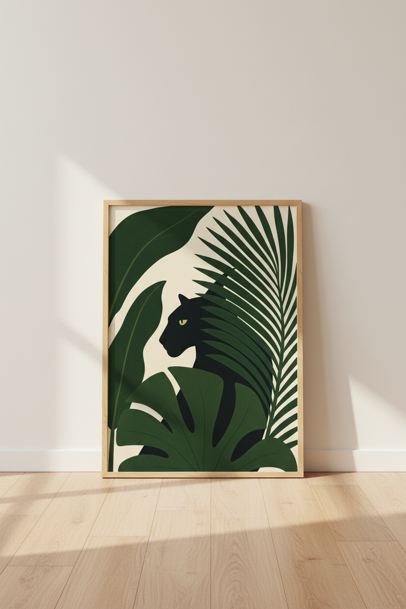 Black Panther Jungle Wall Art | Tropical Botanical Decor, Modern Minimalist Poster