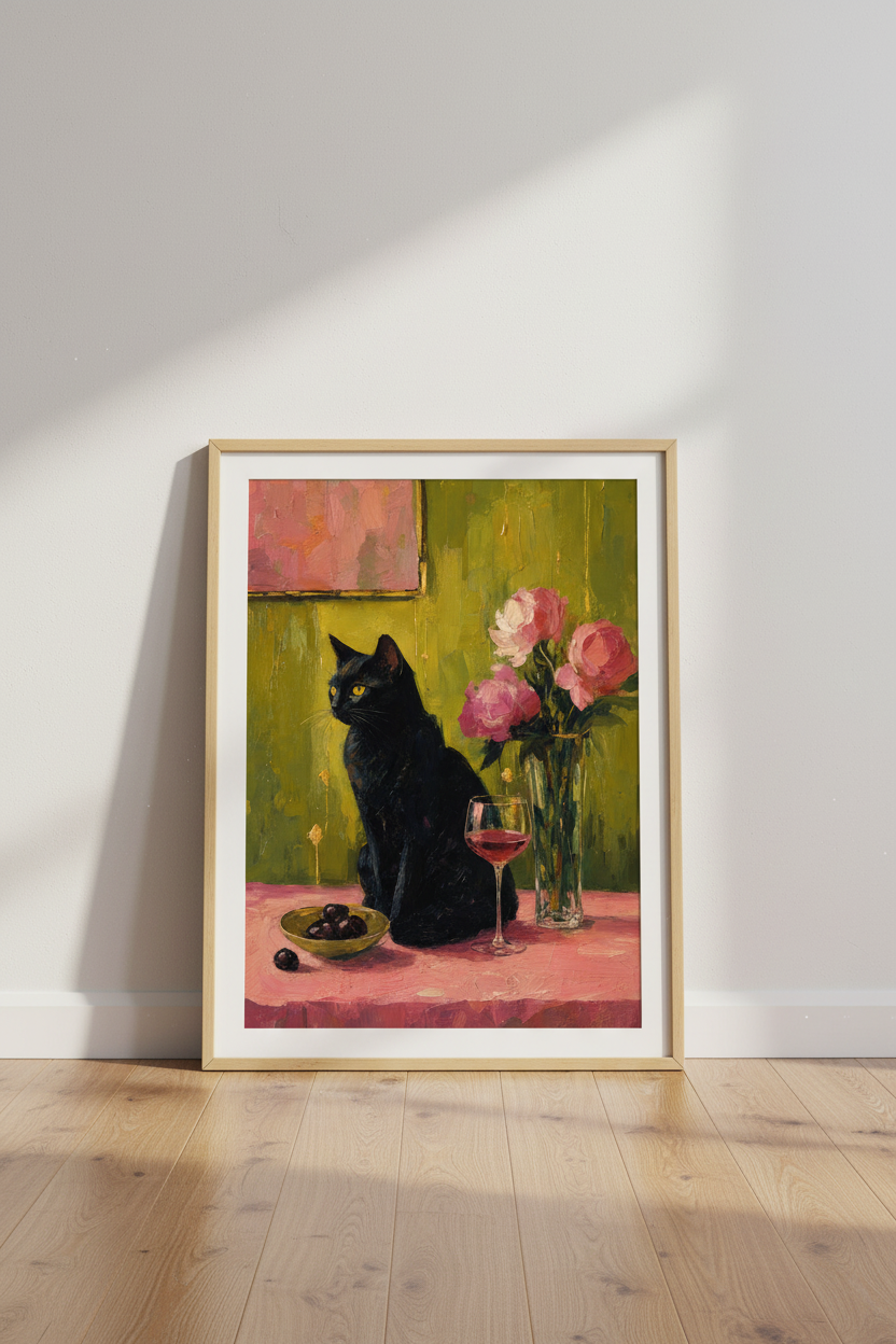 Black Cat with Peonies Art | Moody Impressionist Oil Painting, Eclectic Home Decor