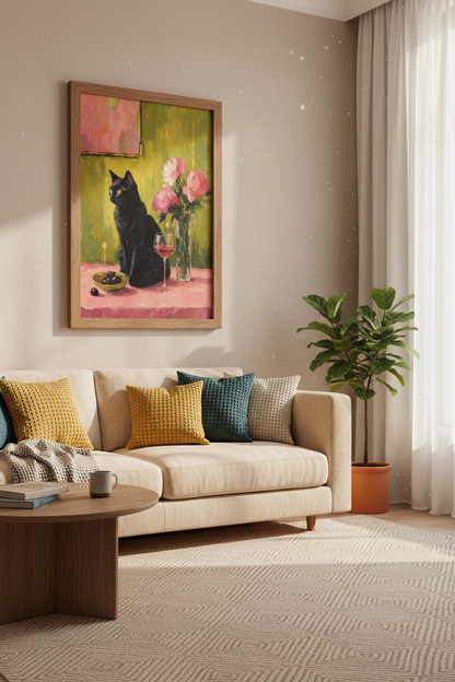 Black Cat with Peonies Art | Moody Impressionist Oil Painting, Eclectic Home Decor