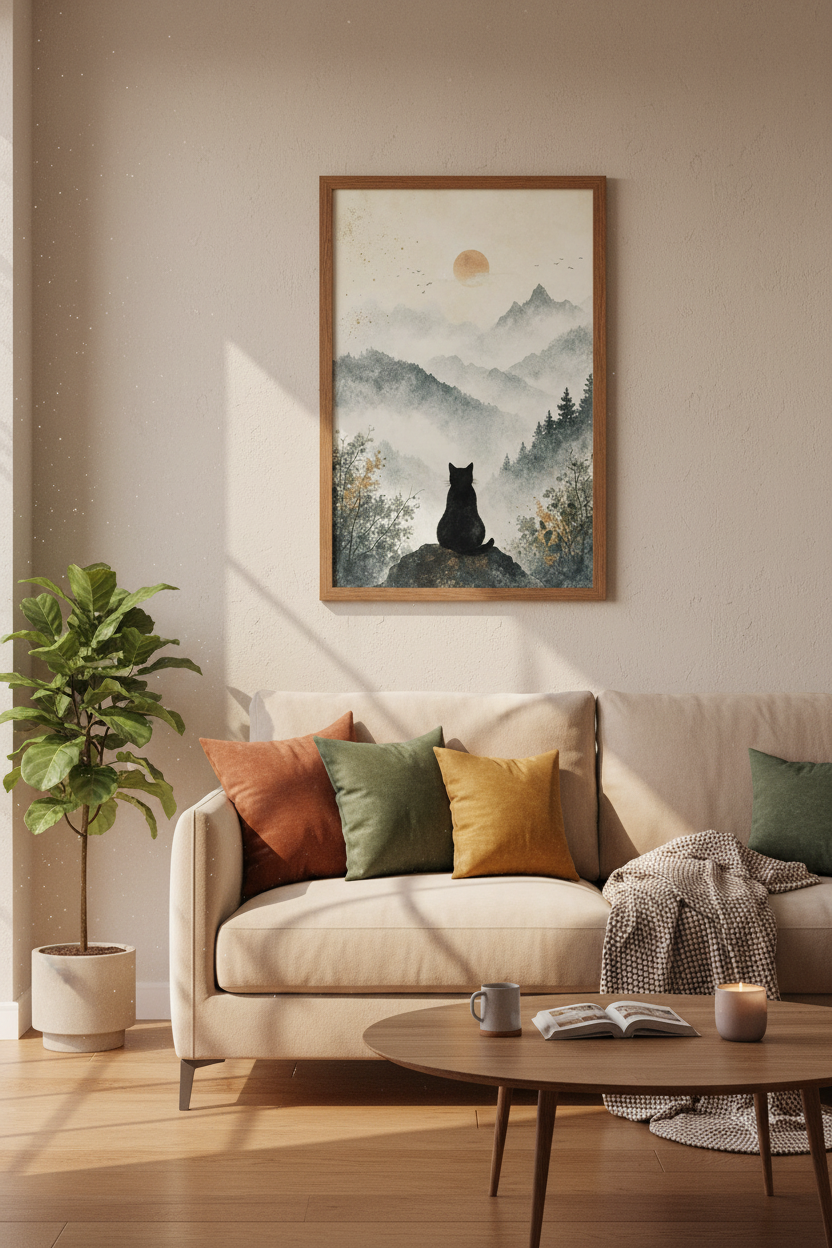 Black Cat Mountain Wall Art | Minimalist Zen Landscape, Living Room Decor