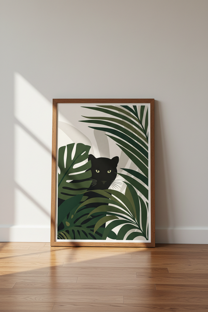 Black Panther Jungle Wall Art | Green Leaf Botanical Decor | Modern Tropical Poster