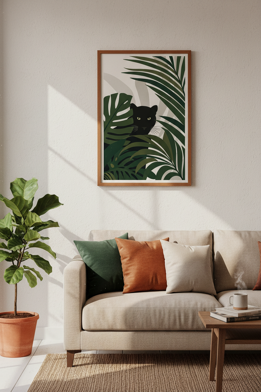 Black Panther Jungle Wall Art | Green Leaf Botanical Decor | Modern Tropical Poster