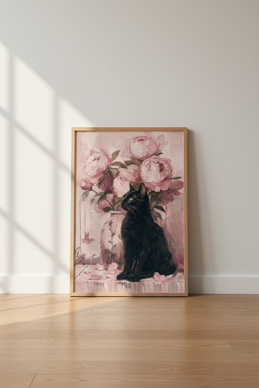 Black Cat Peonies Wall Art Print | Pink Floral Bedroom Decor | Impasto Poster