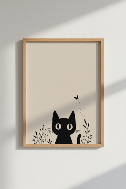 Minimalist Cat Wall Art Print | Modern Boho Black Cat Poster, Neutral Nursery Decor