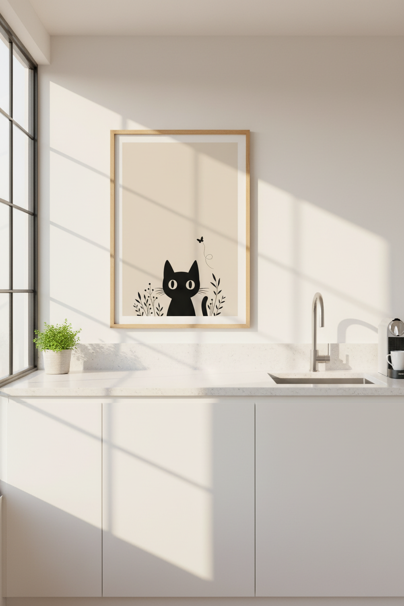 Minimalist Cat Wall Art Print | Modern Boho Black Cat Poster, Neutral Nursery Decor