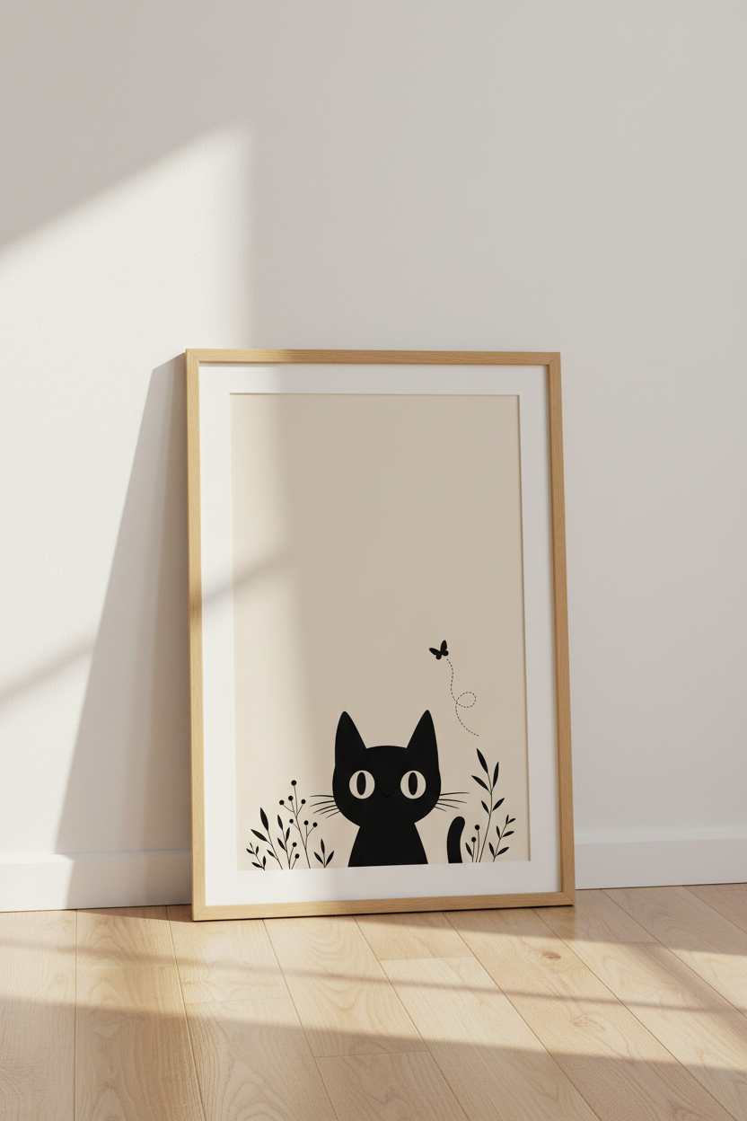 Minimalist Cat Wall Art Print | Modern Boho Black Cat Poster, Neutral Nursery Decor