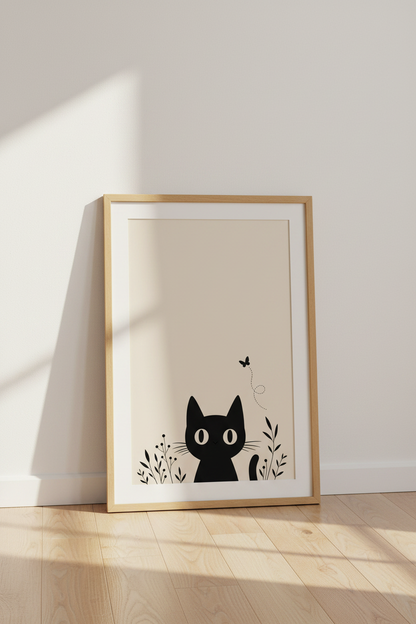 Minimalist Cat Wall Art Print | Modern Boho Black Cat Poster, Neutral Nursery Decor