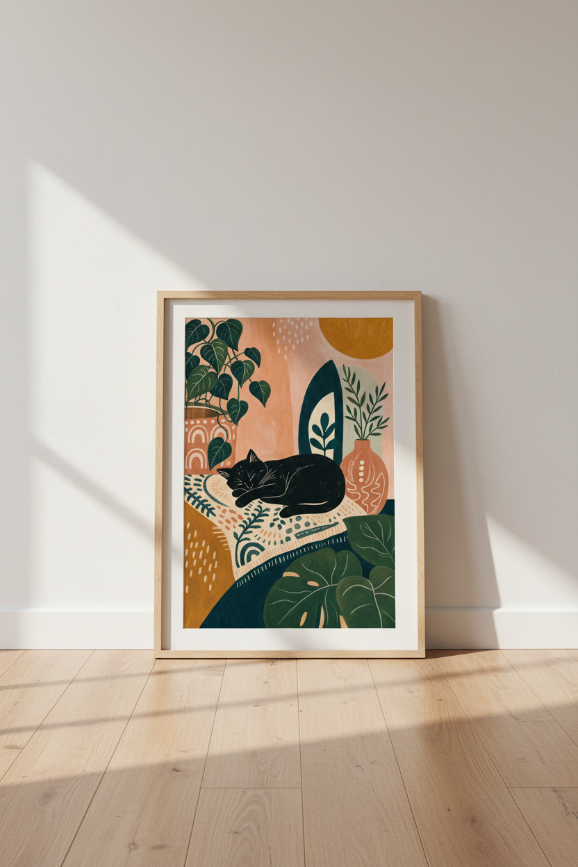 Black Cat Botanical Art | Boho Terracotta Poster, Living Room Decor