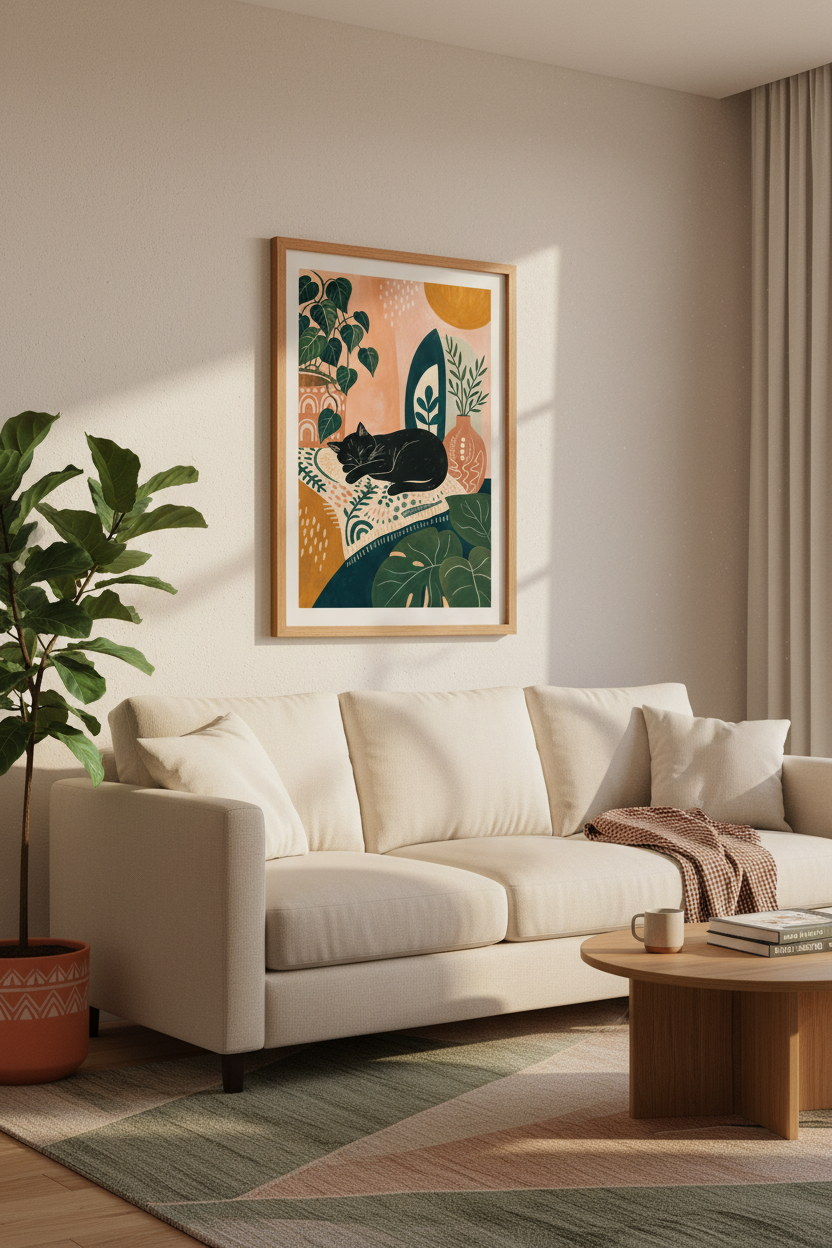 Black Cat Botanical Art | Boho Terracotta Poster, Living Room Decor