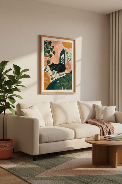Black Cat Botanical Art | Boho Terracotta Poster, Living Room Decor