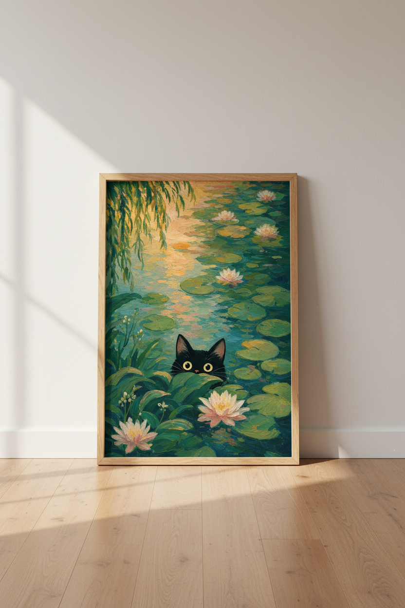 Impressionist Cat Wall Art Print | Monet Style Lily Pond Decor | Whimsical Aesthetic