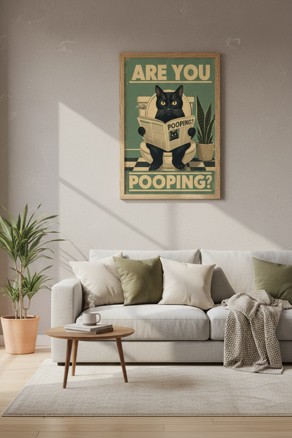 Funny Black Cat Bathroom Wall Art | Retro Sage Green Poster, Humor Home Decor