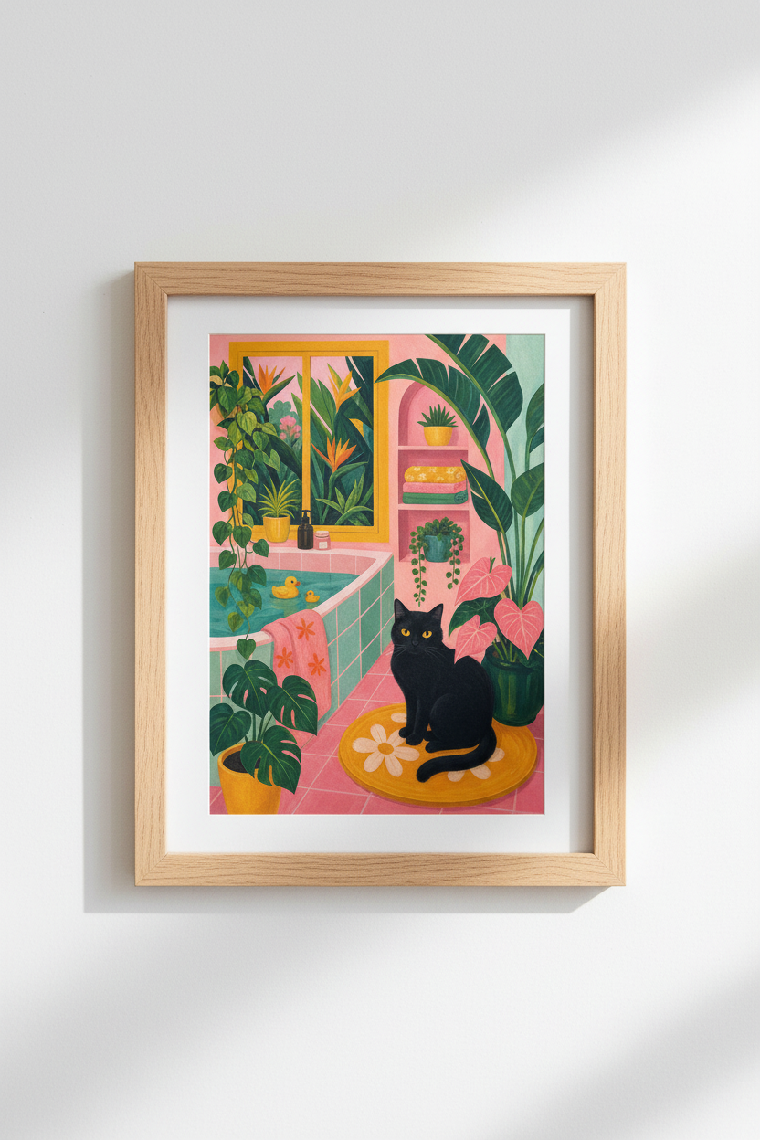 Black Cat Bathroom Art Print | Maximalist Pink Decor | Whimsical Cat Poster