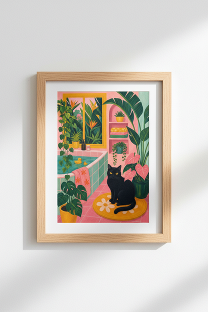 Black Cat Bathroom Art Print | Maximalist Pink Decor | Whimsical Cat Poster