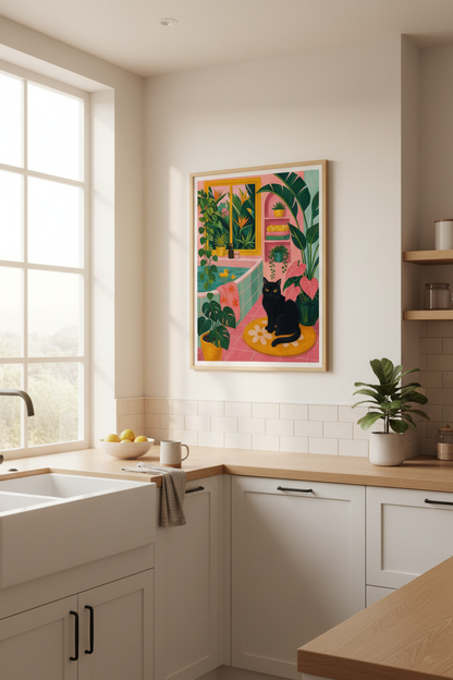 Black Cat Bathroom Art Print | Maximalist Pink Decor | Whimsical Cat Poster