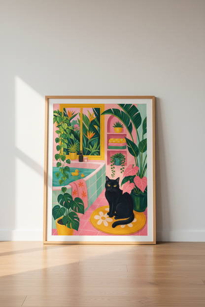 Black Cat Bathroom Art Print | Maximalist Pink Decor | Whimsical Cat Poster