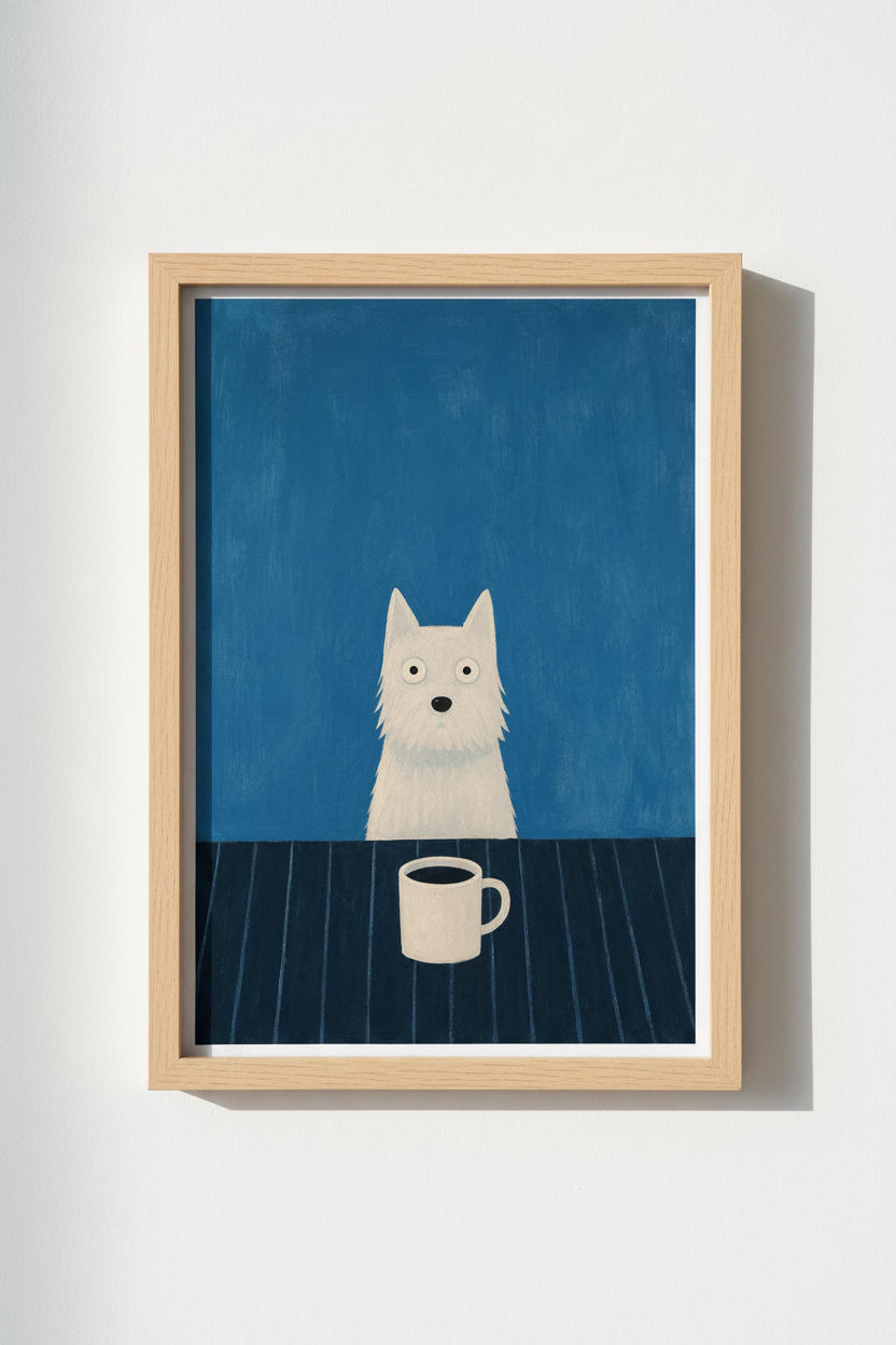 Dog Coffee Art Print | Whimsical Terrier Kitchen Decor | Blue Aesthetic Poster