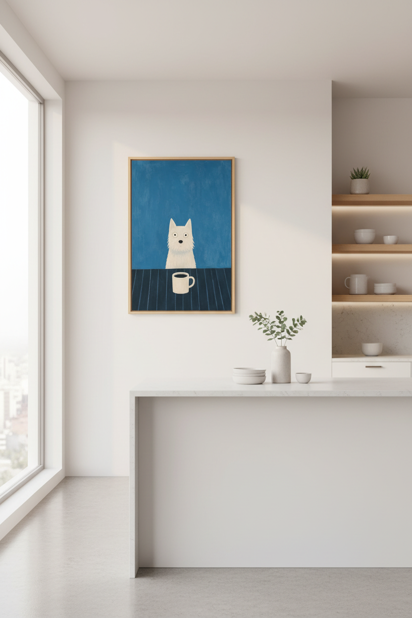 Dog Coffee Art Print | Whimsical Terrier Kitchen Decor | Blue Aesthetic Poster