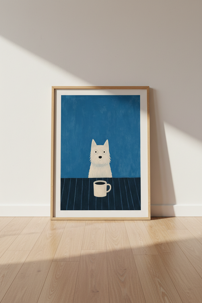 Dog Coffee Art Print | Whimsical Terrier Kitchen Decor | Blue Aesthetic Poster