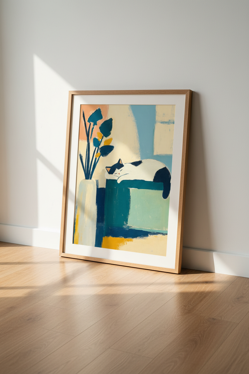 Sleeping Cat Abstract Wall Art Print | Mid-Century Modern Decor | Boho Pet Poster