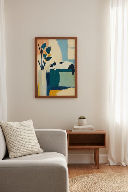 Sleeping Cat Abstract Wall Art Print | Mid-Century Modern Decor | Boho Pet Poster