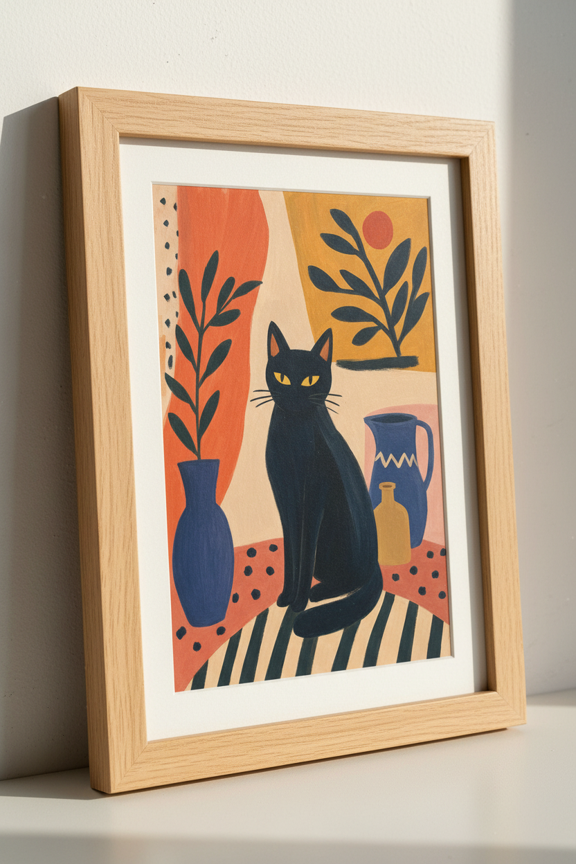 Black Cat Illustration | Mid Century Modern Folk Art, Boho Living Room Decor