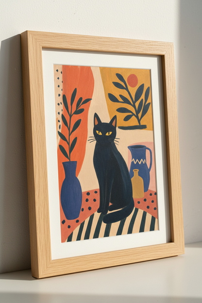 Black Cat Illustration | Mid Century Modern Folk Art, Boho Living Room Decor