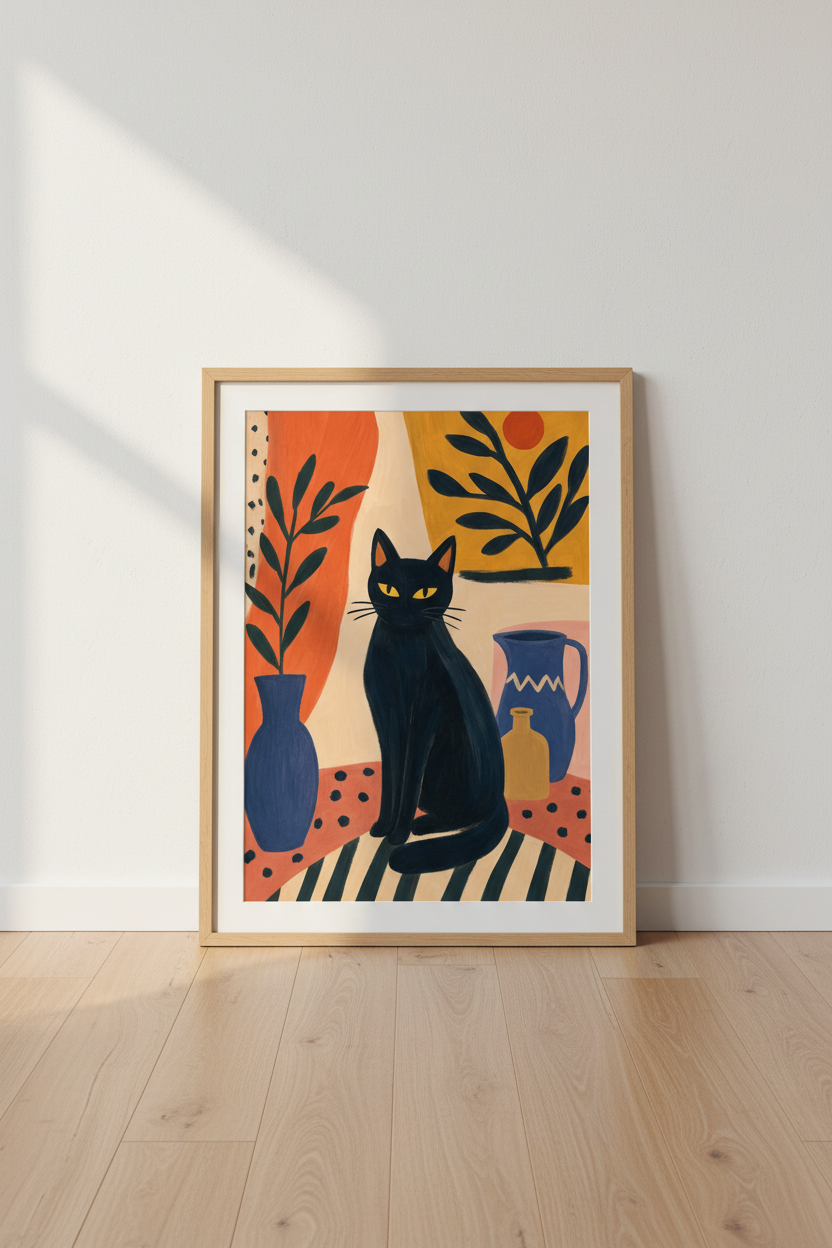 Black Cat Illustration | Mid Century Modern Folk Art, Boho Living Room Decor