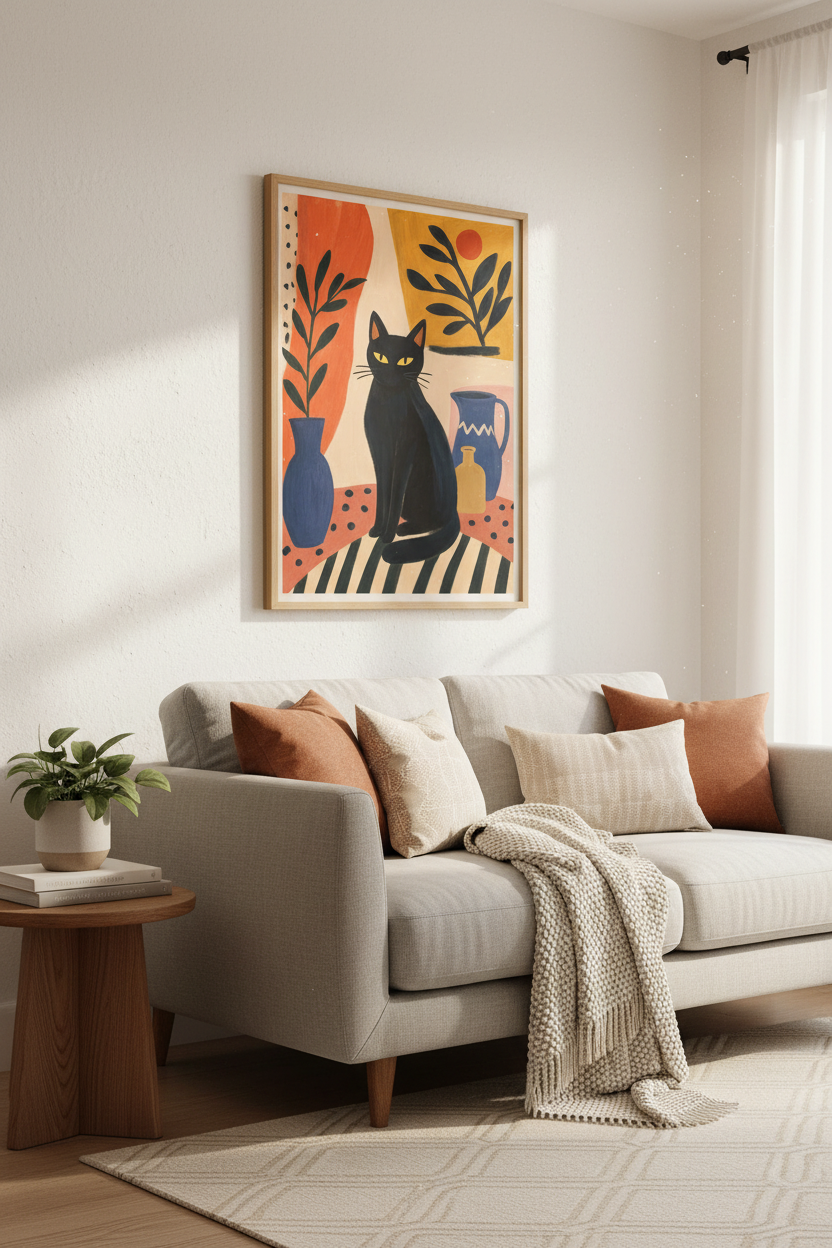 Black Cat Illustration | Mid Century Modern Folk Art, Boho Living Room Decor