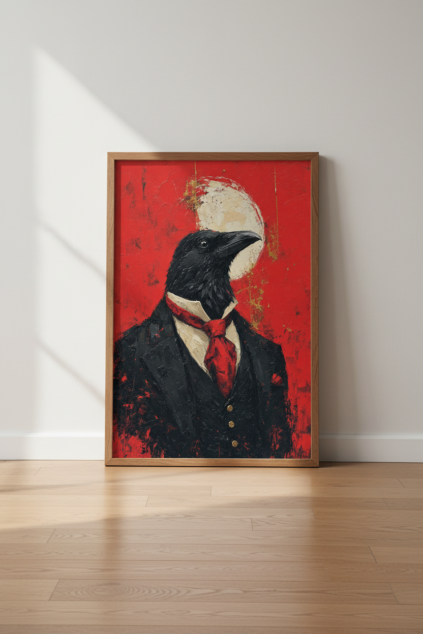 Crow in Suit Oil Painting | Raven Wall Art Print, Red Dramatic Dark Academia Decor