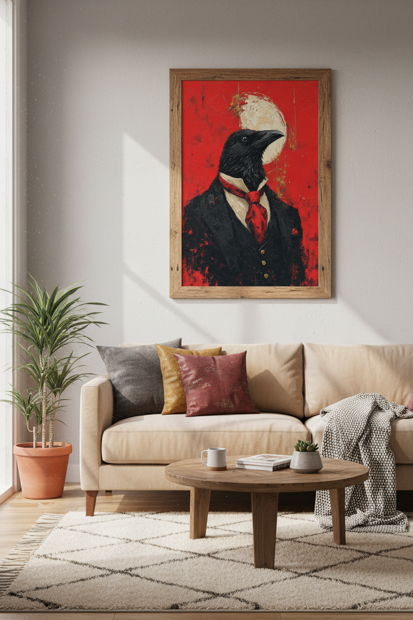 Crow in Suit Oil Painting | Raven Wall Art Print, Red Dramatic Dark Academia Decor