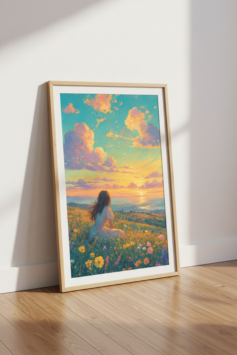 Golden Hour Sunset Landscape Art | Impressionist Floral Meadow, Bedroom Decor