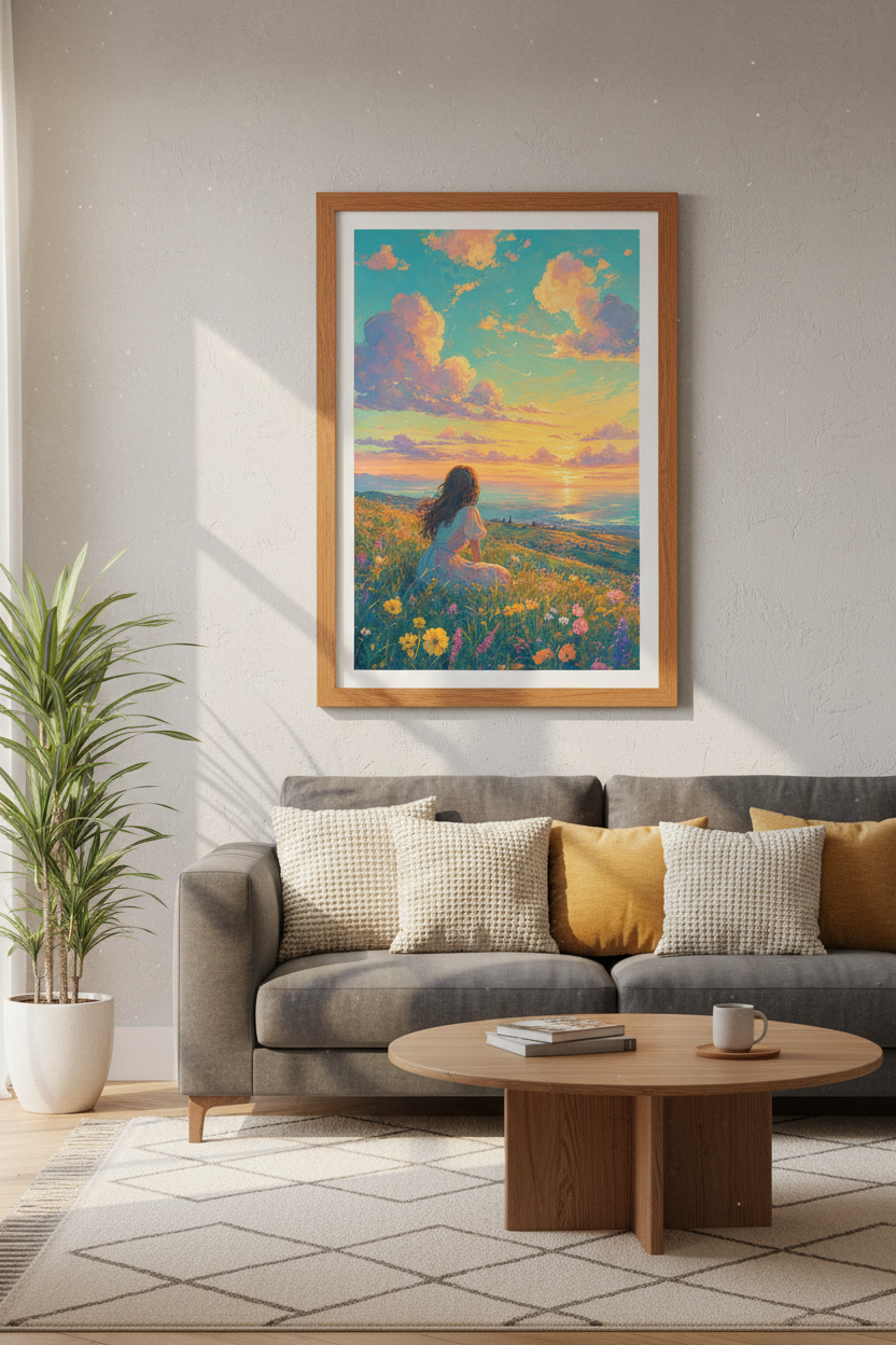 Golden Hour Sunset Landscape Art | Impressionist Floral Meadow, Bedroom Decor