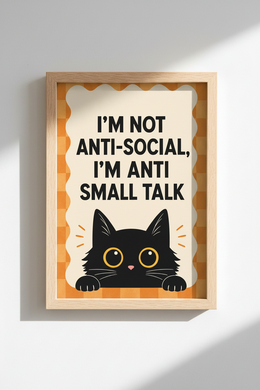 Retro Cat Wall Art Print | Funny Introvert Decor | Orange Checkered Poster