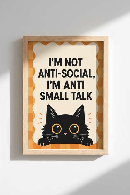 Retro Cat Wall Art Print | Funny Introvert Decor | Orange Checkered Poster