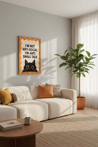 Retro Cat Wall Art Print | Funny Introvert Decor | Orange Checkered Poster
