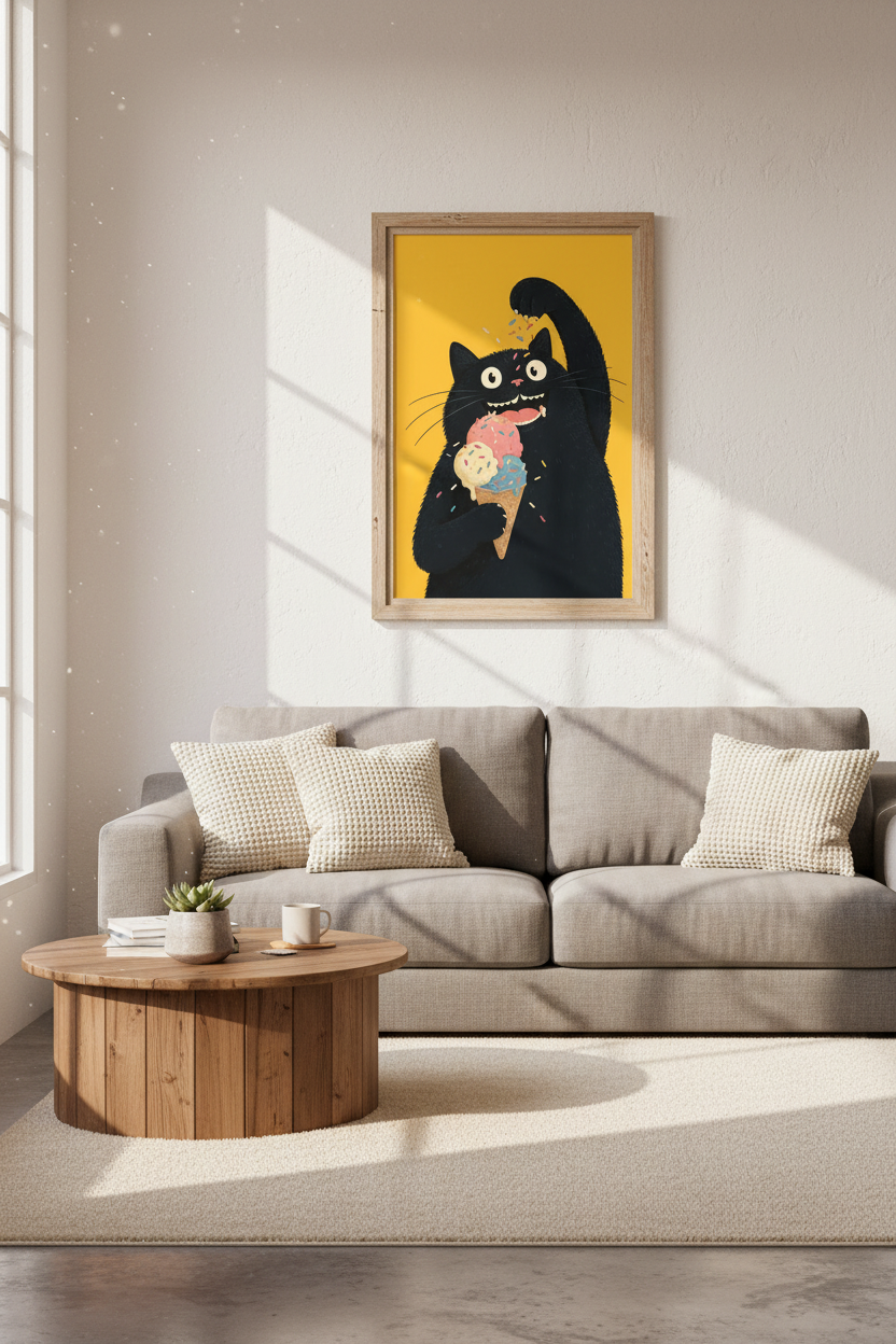 Funny Black Cat Ice Cream Wall Art | Kitchen Decor | Whimsical Animal Poster