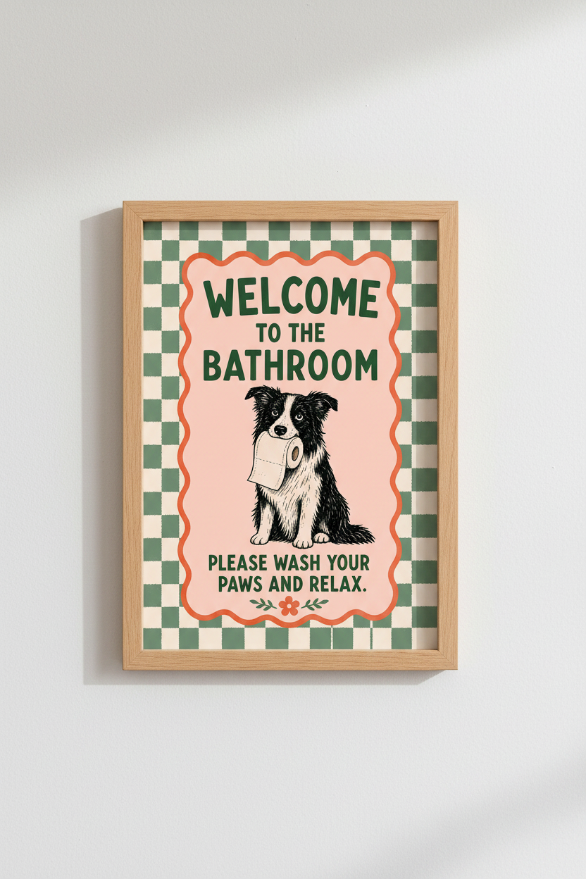 Border Collie Bathroom Art | Green Checkerboard Retro Poster, Funny Dog Wall Decor