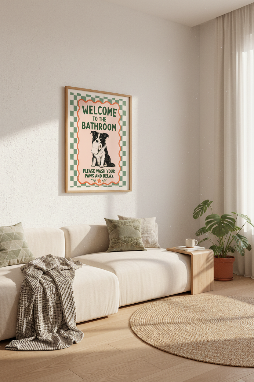 Border Collie Bathroom Art | Green Checkerboard Retro Poster, Funny Dog Wall Decor