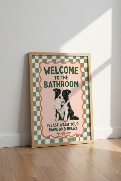 Border Collie Bathroom Art | Green Checkerboard Retro Poster, Funny Dog Wall Decor